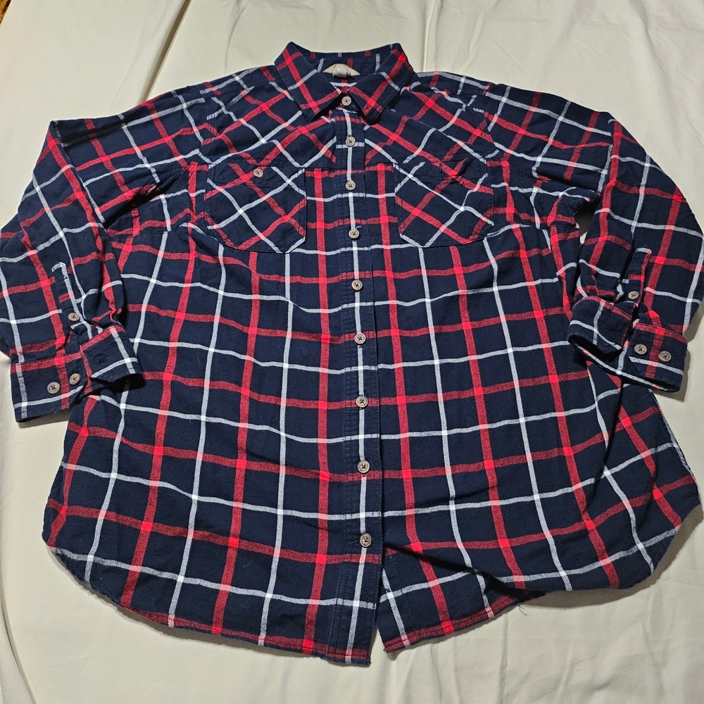 Duluth Trading Co Flannel Shirt Women 1X Navy Red Plaid Cotton Button Up 74761
